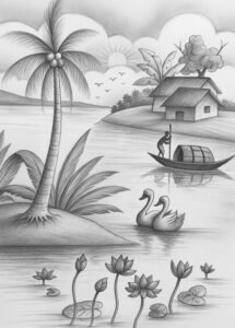 গ্রাম বাংলার প্রাকৃতিক গ্রামের দৃশ্য আঁকা ছবি